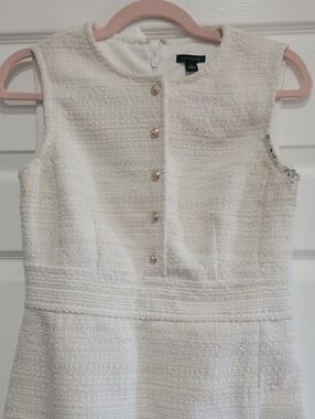Ann Taylor White Textured Sleeveless Dress with Gold Buttons
